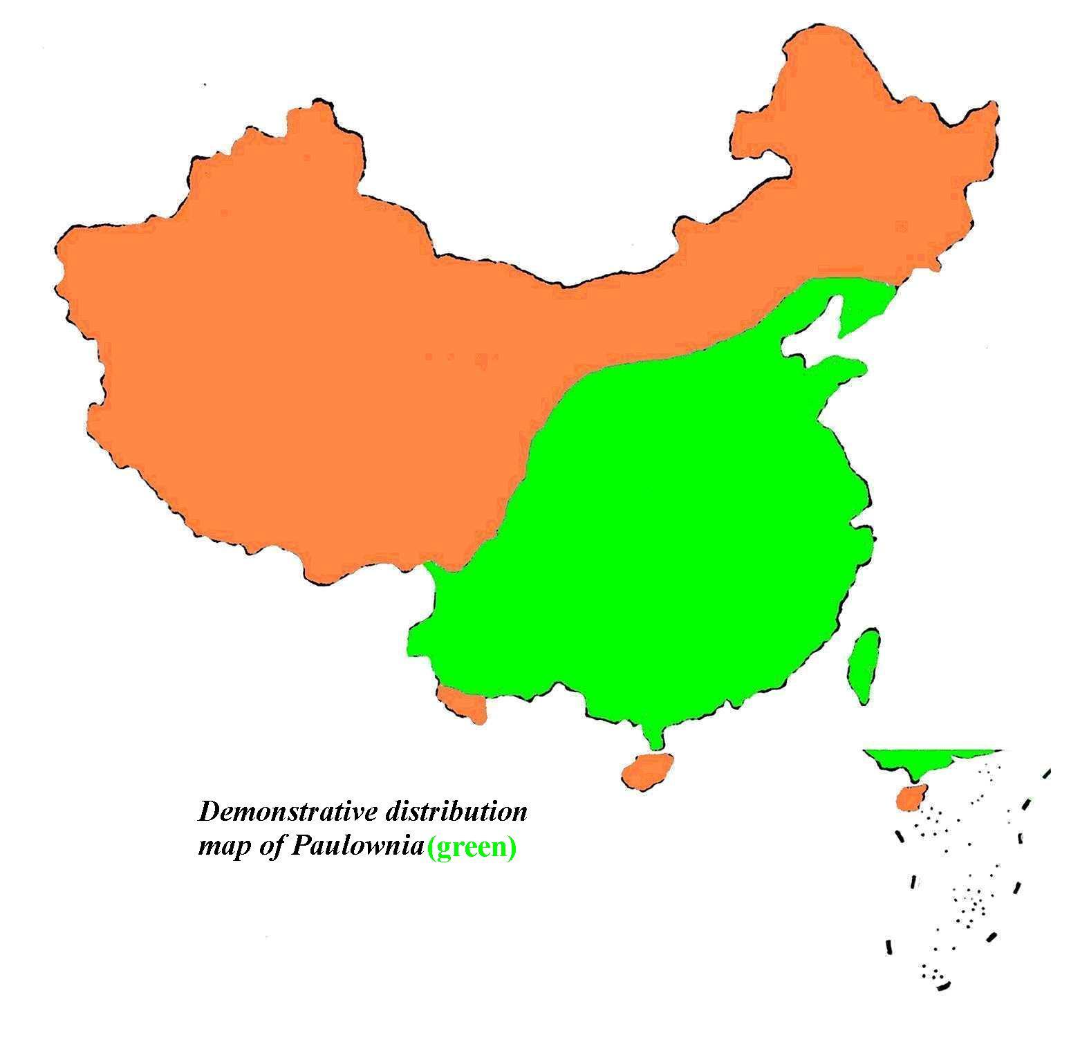 Demonstrative distribution map of Paulownia(green)